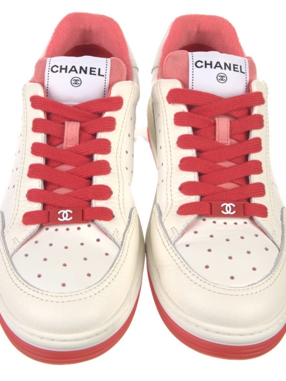 CHANEL White Leather Sneakers with Red Laces and Pink Lining